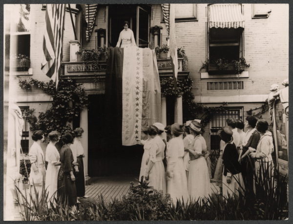 When Tennessee, the 36th state, ratified, Alice Paul, national chairman of the Woman's Party, unfurled the ratification banner from Suffrage headquarters. (Photograph retrieved from the Library of Congress)